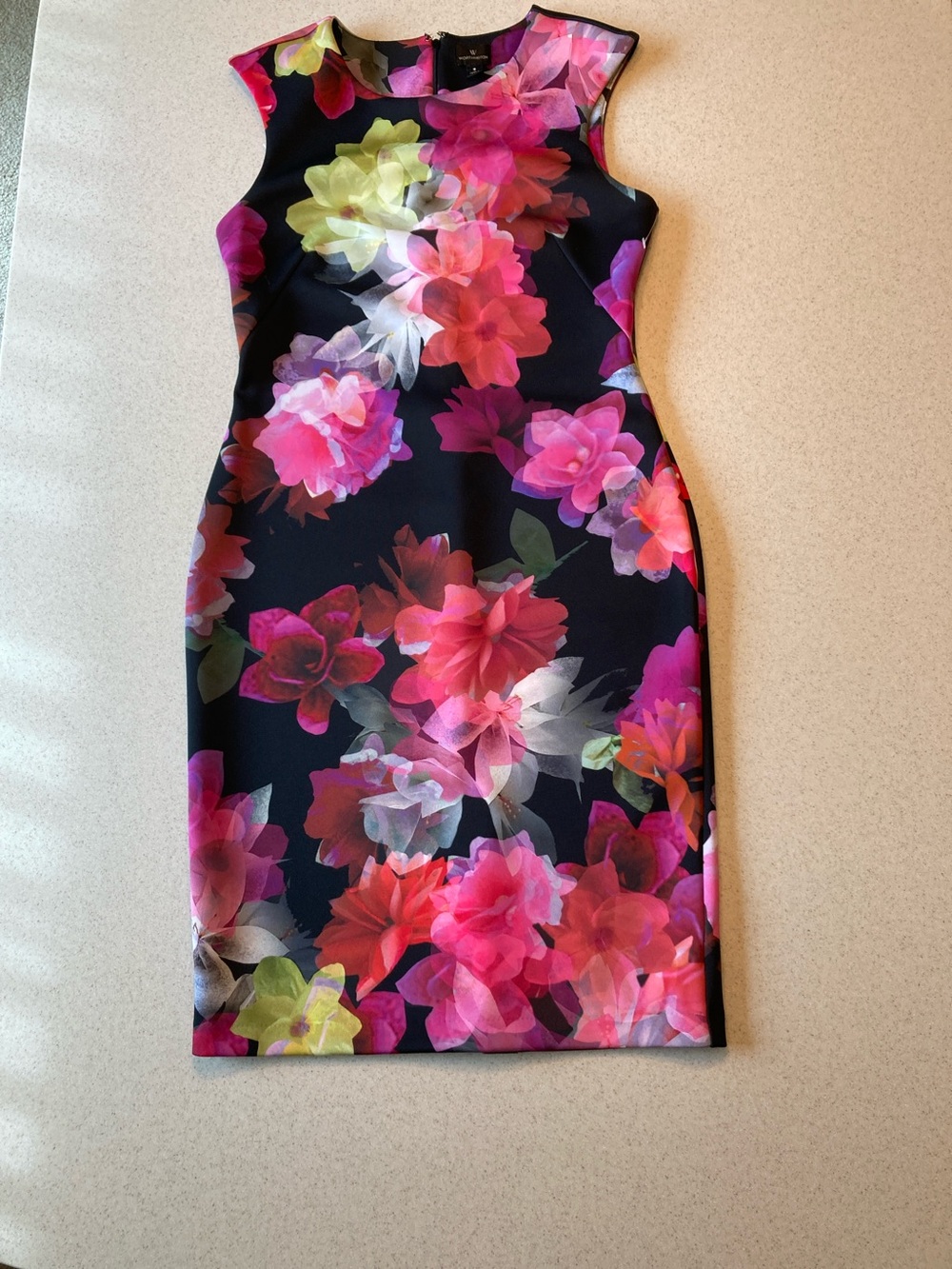 Worthington Black Midi Dress with Pink Red Yellow Floral Print Women Sz 8 - Picture 5 of 13